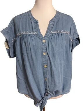 Ruby Rd. Light Blue Denim-Look Button Front Tie Hem Top